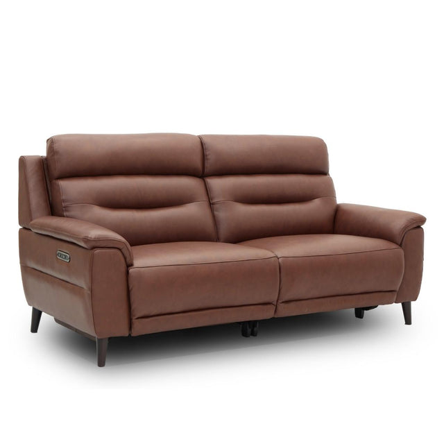 Lawrence brown leather reclining 2.5 seater sofa with dark wooden legs, shown from a three-quarter angle on a white background.