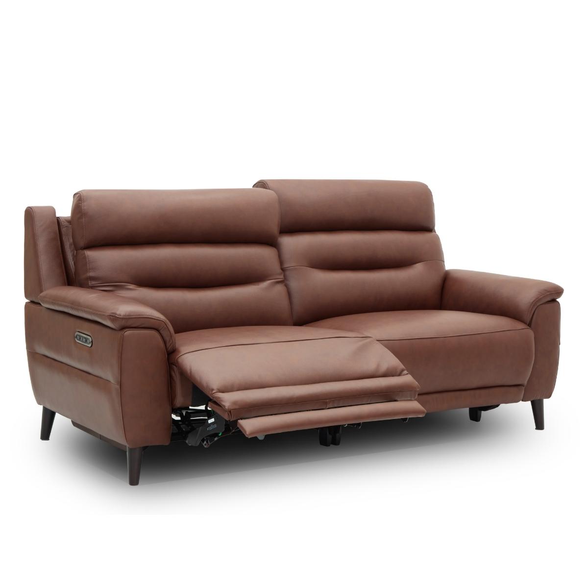 Lawrence brown leather reclining 2.5 seater sofa with the front seat cushion extended, shown on a clean white background.
