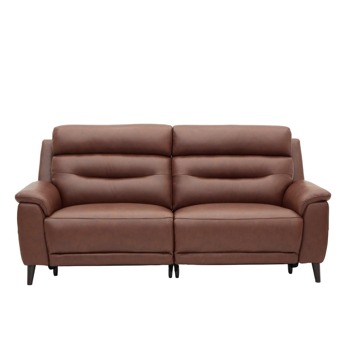 Lawrence brown leather 2.5 sofa with two seat cushions, padded backrests, wide armrests, and short dark legs, shown against a plain white background.