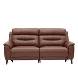 Lawrence brown leather 2.5 sofa with two seat cushions, padded backrests, wide armrests, and short dark legs, shown against a plain white background.