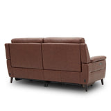 Lawrence brown leather power reclining 2.5 seater sofa shown from a three-quarter rear angle on a white background.