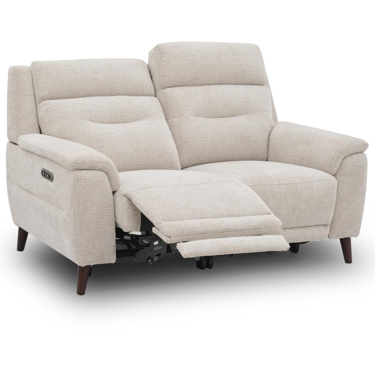 Lawrence two-seater upholstered recliner loveseat in a light beige textured fabric, with the right seat extended. The loveseat has dark wood legs and a small control panel on the outer arm.