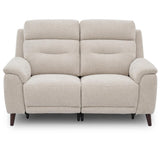 Lawrence two-seater upholstered reclining loveseat in a light beige textured fabric, featuring dark wood legs, shown against a plain white background.