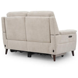 Lawrence beige upholstered reclining 2 seater sofa shown from the rear three-quarter angle, featuring dark wood legs and a small control panel on the outer armrest.