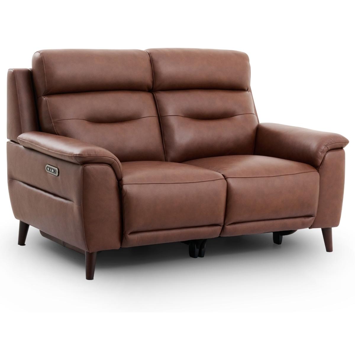 Lawrence brown leather reclining 2 seater with tufted back cushions, padded armrests, and dark tapered legs, shown on a clean white background.