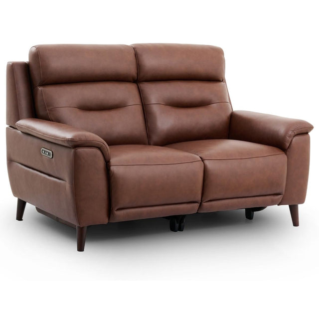 Lawrence brown leather reclining 2 seater with tufted back cushions, padded armrests, and dark tapered legs, shown on a clean white background.