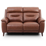 Lawrence brown leather reclining 2 seater sofa with tufted back cushions and dark wooden legs, shown against a plain white background.