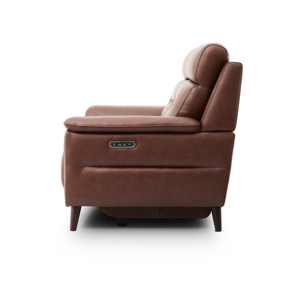 Lawrence brown leather recliner 2 seater sofa shown from a side profile view against a solid white background.