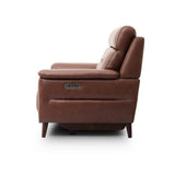 Lawrence brown leather recliner 2 seater sofa shown from a side profile view against a solid white background.