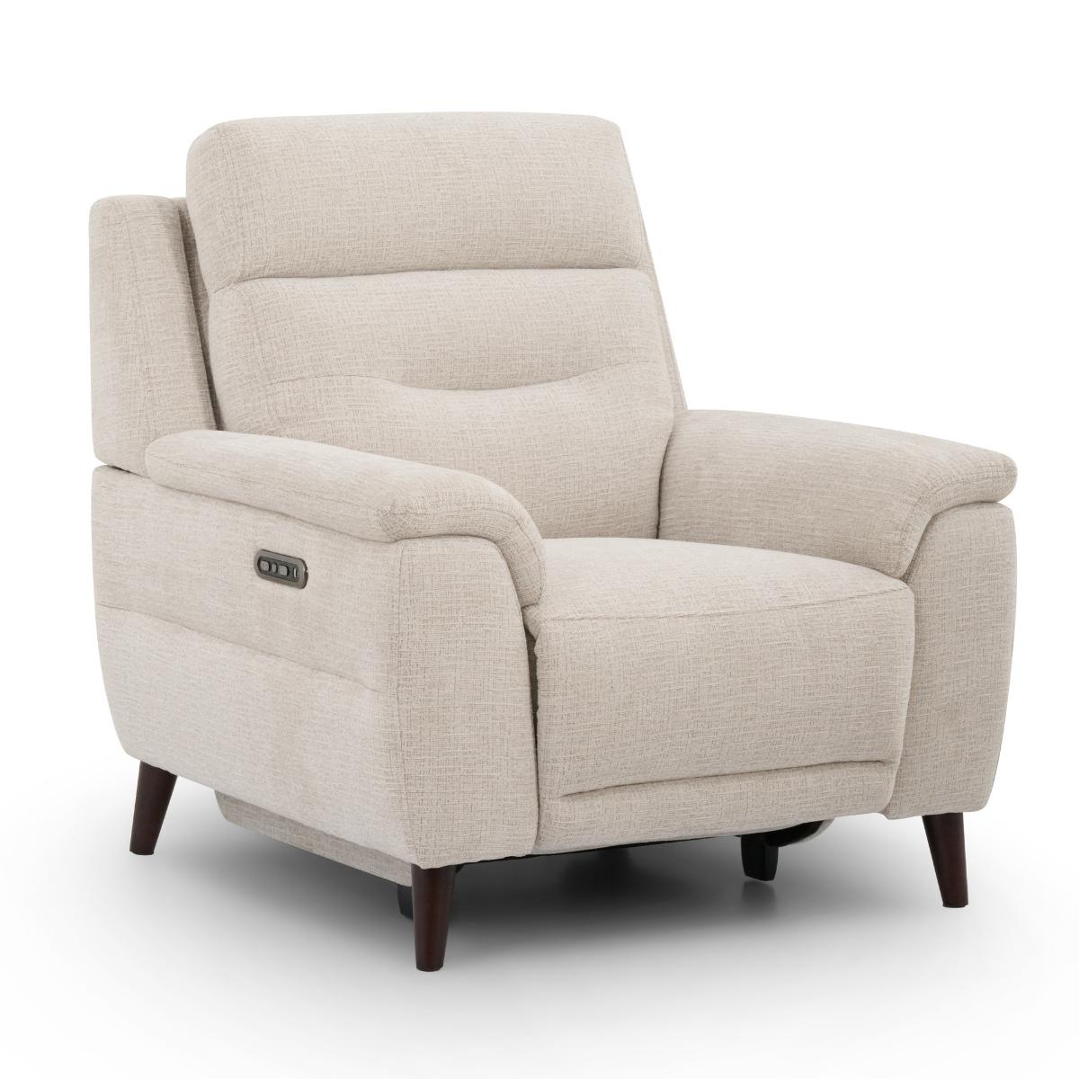 Lawrence beige fabric recliner armchair.