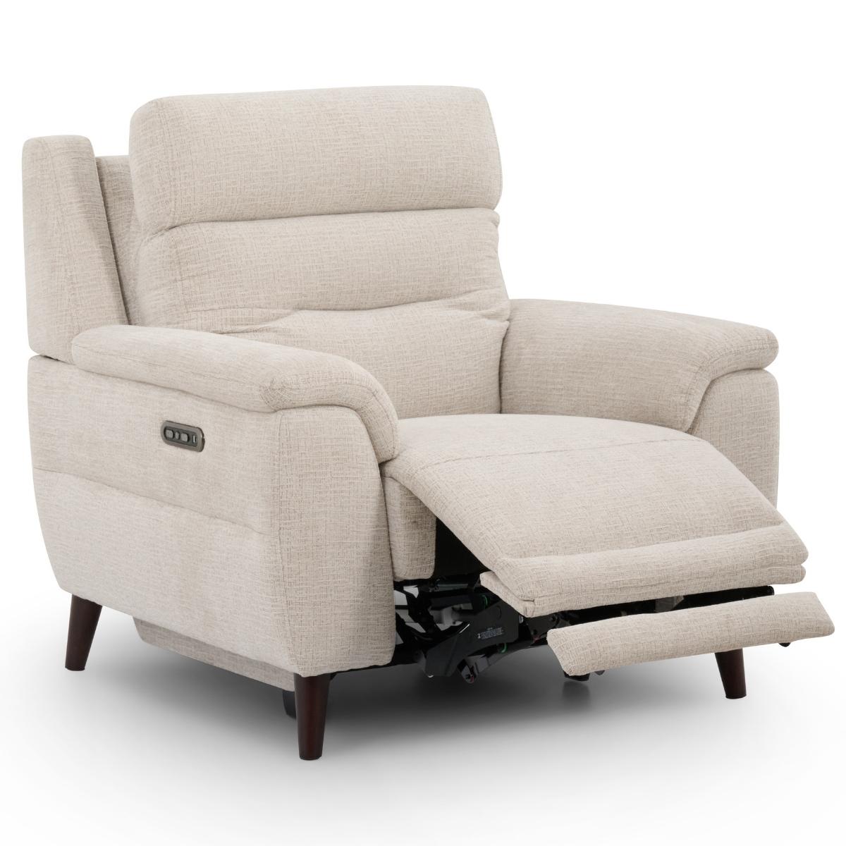 Lawrence beige fabric recliner armchair reclined view.