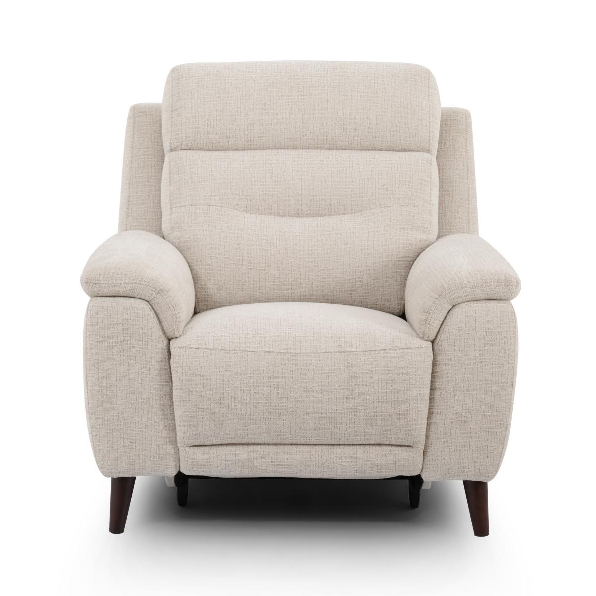 Lawrence beige upholstered recliner chair with dark wooden legs, shown from a front-facing perspective on a white background.