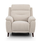 Lawrence beige upholstered recliner chair with dark wooden legs, shown from a front-facing perspective on a white background.