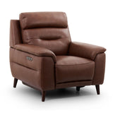 Lawrence brown leather recliner armchair with dark wooden legs and a side control panel, shown on a white background.