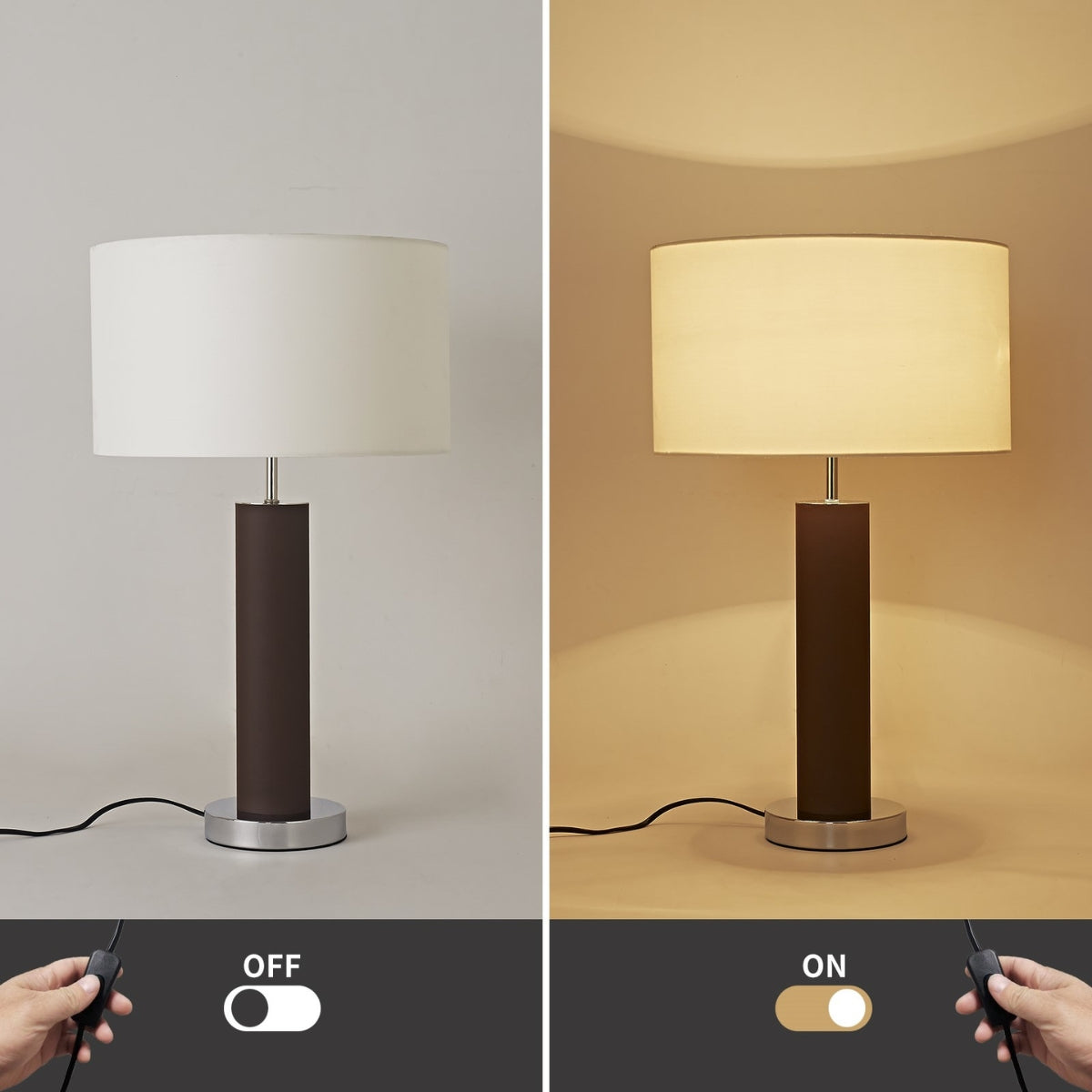 Table lamp with white shade and brown base on a neutral background, showing 'Off' and 'On' states.