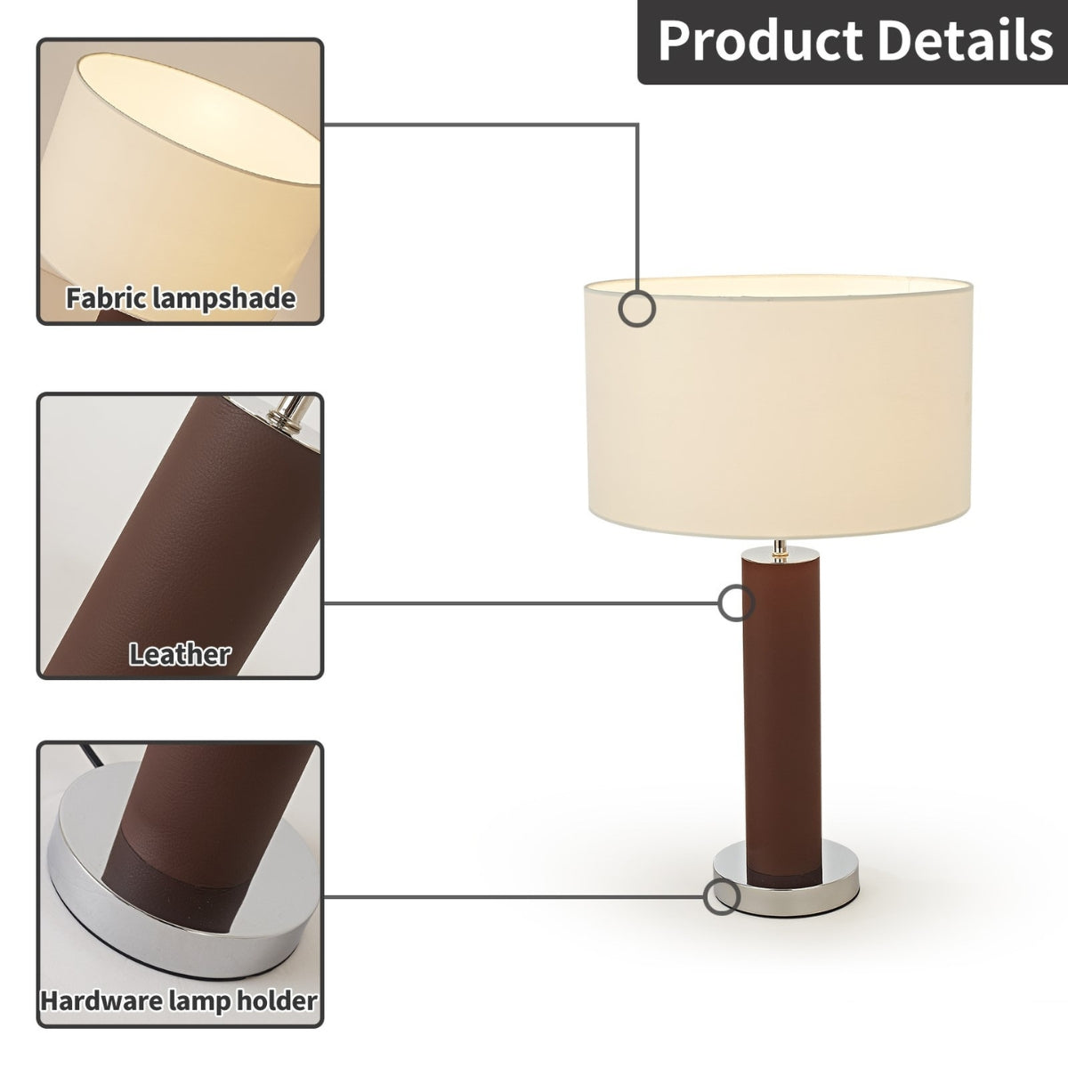 Table lamp with fabric lampshade, leather base, and metal hardware on a white background.
