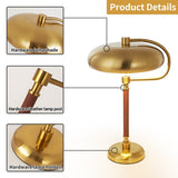 Gold desk lamp with labeled parts on a white background