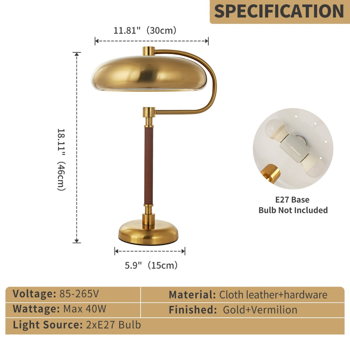 Brass desk lamp with dimensions and specifications on a beige background