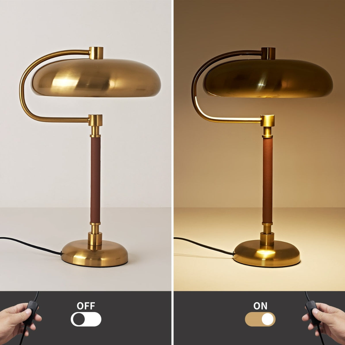 Gold desk lamp with switch on a white background