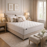 Neatly made bed with white mattress in a well-decorated bedroom.