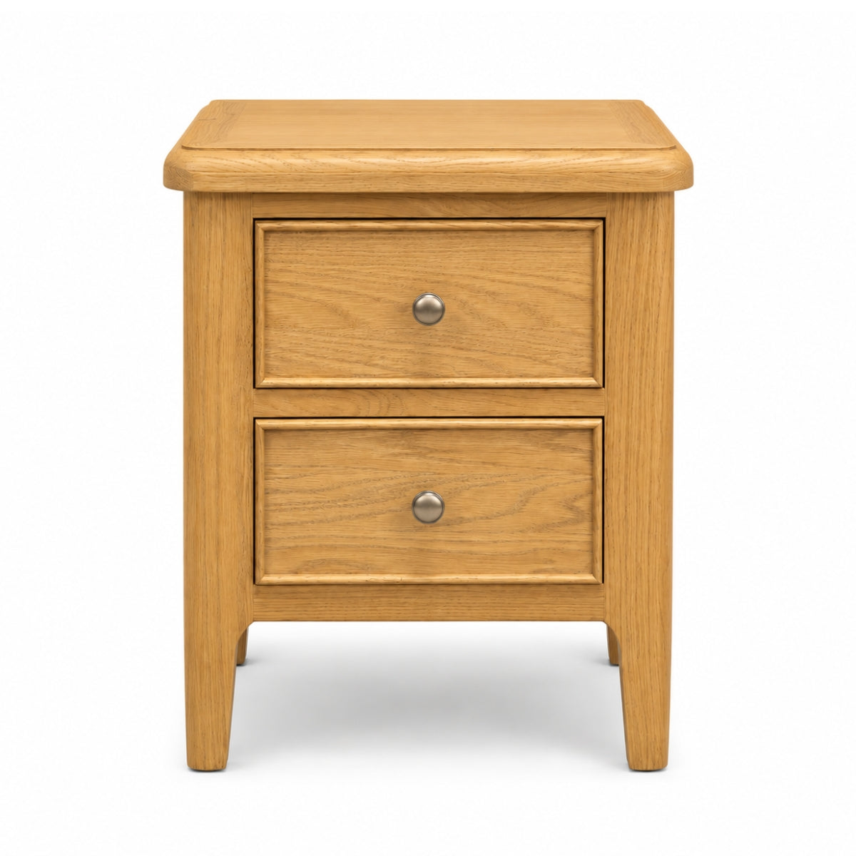 Maldon two-drawer wooden nightstand with a warm oak finish and round silver knobs, shown against a plain white background.