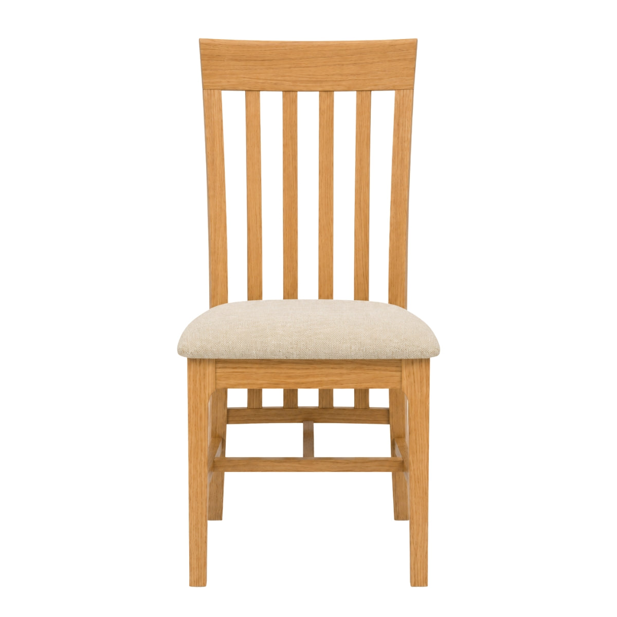 Maldon wooden dining chair with a slatted backrest and a light beige upholstered seat cushion, shown against a plain white background.