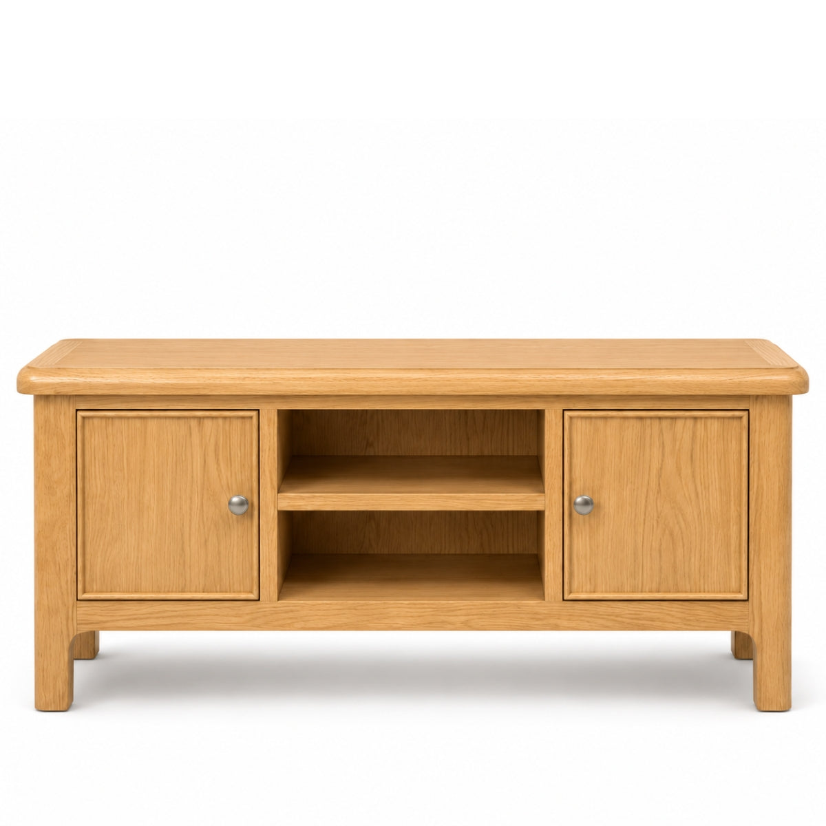 Maldon oak wood TV stand or media console with two cabinet doors, a central open shelf, and small round silver knobs, shown on a white background.