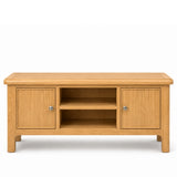 Maldon oak wood TV stand or media console with two cabinet doors, a central open shelf, and small round silver knobs, shown on a white background.