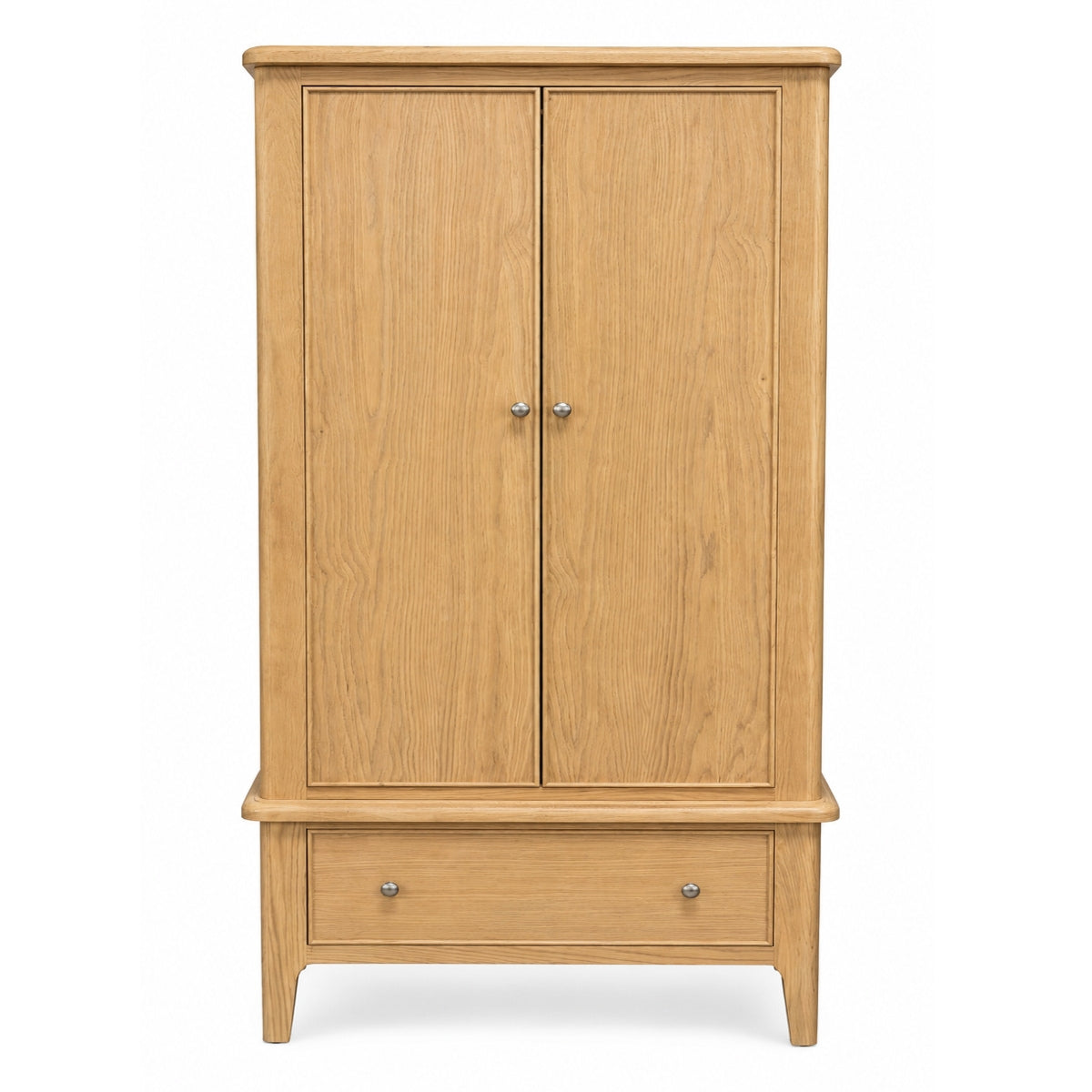 Maldon two-door wooden cabinet with a single drawer at the bottom, finished in a light natural oak finish with small silver knobs, shown against a plain white background.