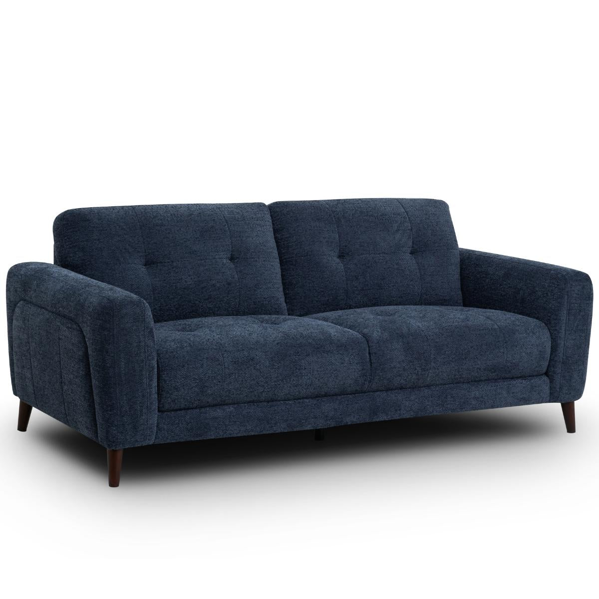 Manhattan modern 2.5 seater sofa upholstered in textured navy blue fabric, featuring tufted back cushions, rolled armrests, and dark tapered wooden legs, shown against a plain white background.
