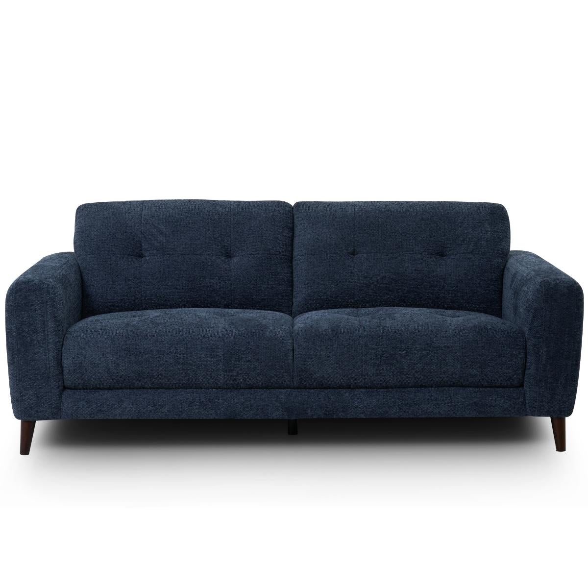 Manhattan 2.5 seater sofa upholstered in dark navy blue textured fabric, featuring tufted back cushions and tapered dark wooden legs, shown against a plain white background.
