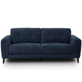 Manhattan 2.5 seater sofa upholstered in dark navy blue textured fabric, featuring tufted back cushions and tapered dark wooden legs, shown against a plain white background.