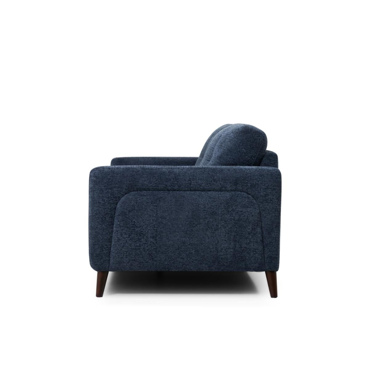 Manhattan modern navy blue upholstered 2.5 seater sofa with dark wooden legs, shown from a side profile view against a solid white background.