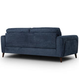 Manhattan modern 2.5 seater sofa upholstered in textured navy blue fabric, featuring dark wood legs, shown from a three-quarter angle against a white background.
