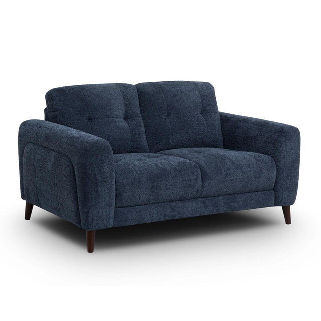 Manhattan two-seater loveseat sofa upholstered in textured navy blue fabric, featuring tufted back cushions, rolled arms, and dark tapered wooden legs, shown on a plain white background.