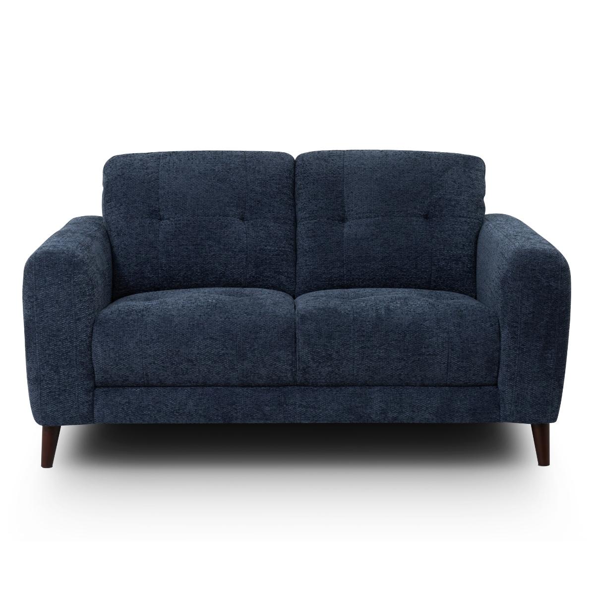 Manhattan modern two-seater loveseat sofa upholstered in textured navy blue fabric, featuring tufted back cushions and dark tapered wooden legs, shown against a plain white background.