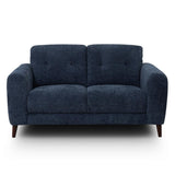 Manhattan modern two-seater loveseat sofa upholstered in textured navy blue fabric, featuring tufted back cushions and dark tapered wooden legs, shown against a plain white background.