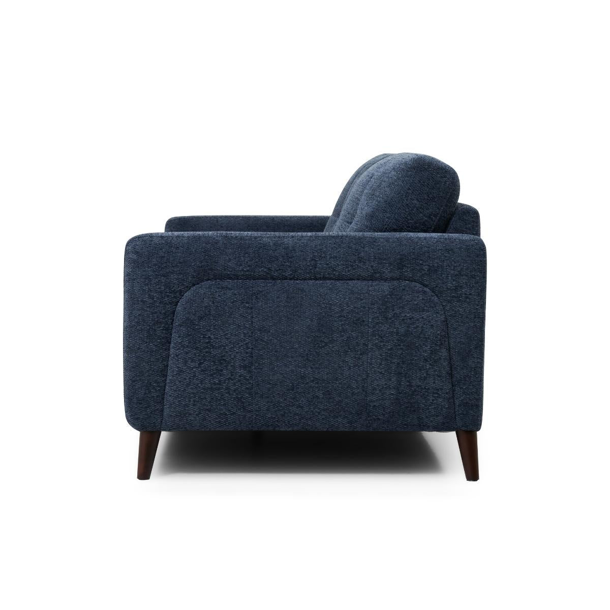 Manhattan modern navy blue upholstered two seater sofa with dark wooden legs, shown from a three-quarters angle against a plain white background.