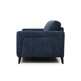 Manhattan modern navy blue upholstered two seater sofa with dark wooden legs, shown from a three-quarters angle against a plain white background.