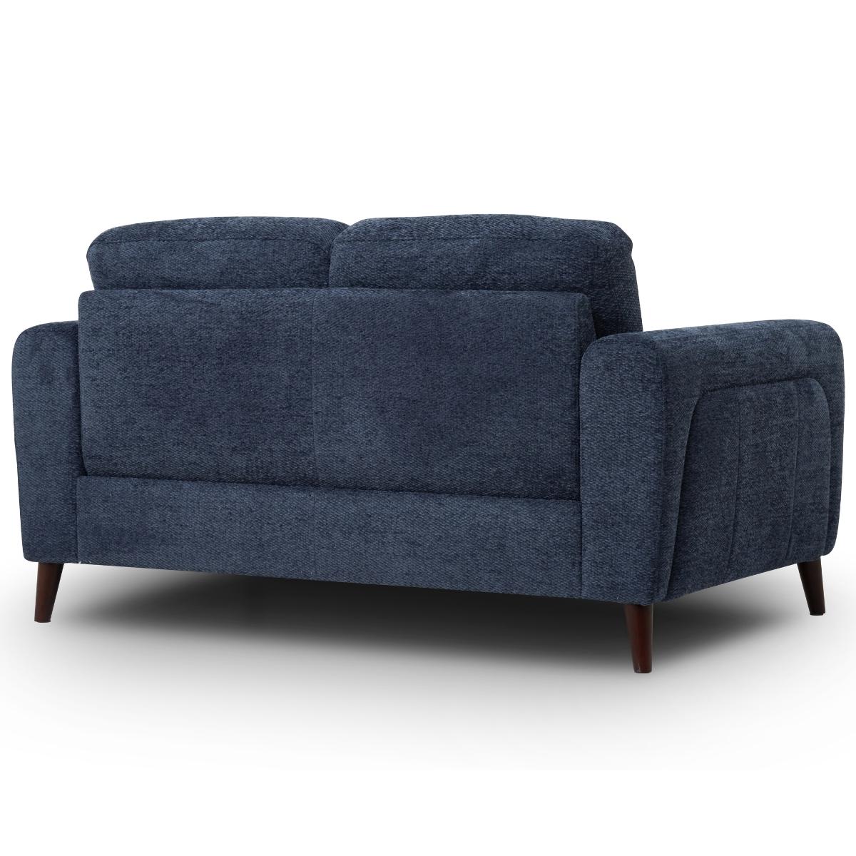 Manhattan modern two-seater sofa in textured navy blue fabric with dark brown wooden legs, shown from a three-quarter angle on a white background.