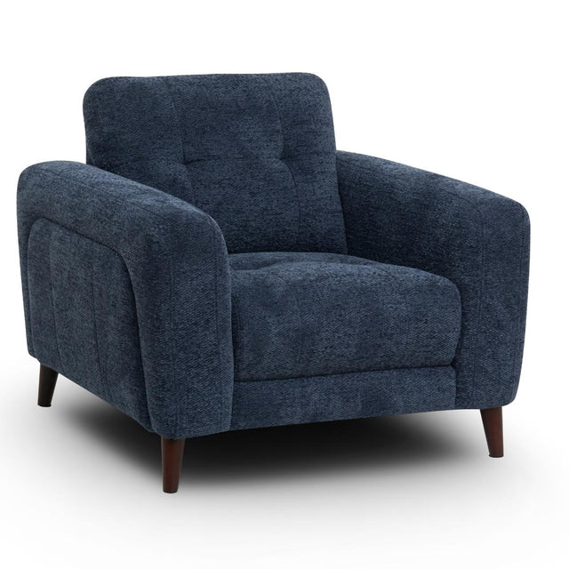Manhattah upholstered armchair in textured navy blue fabric with dark brown wooden legs, shown on a clean white background.