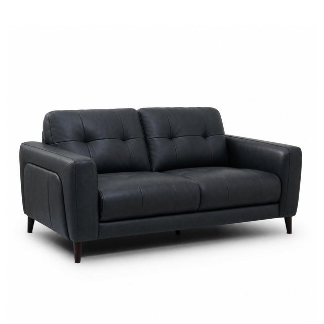 Manhattan modern 2.5 seater loveseat sofa upholstered in black leather, featuring tufted back cushions, wide armrests, and dark tapered legs, shown on a plain white background.