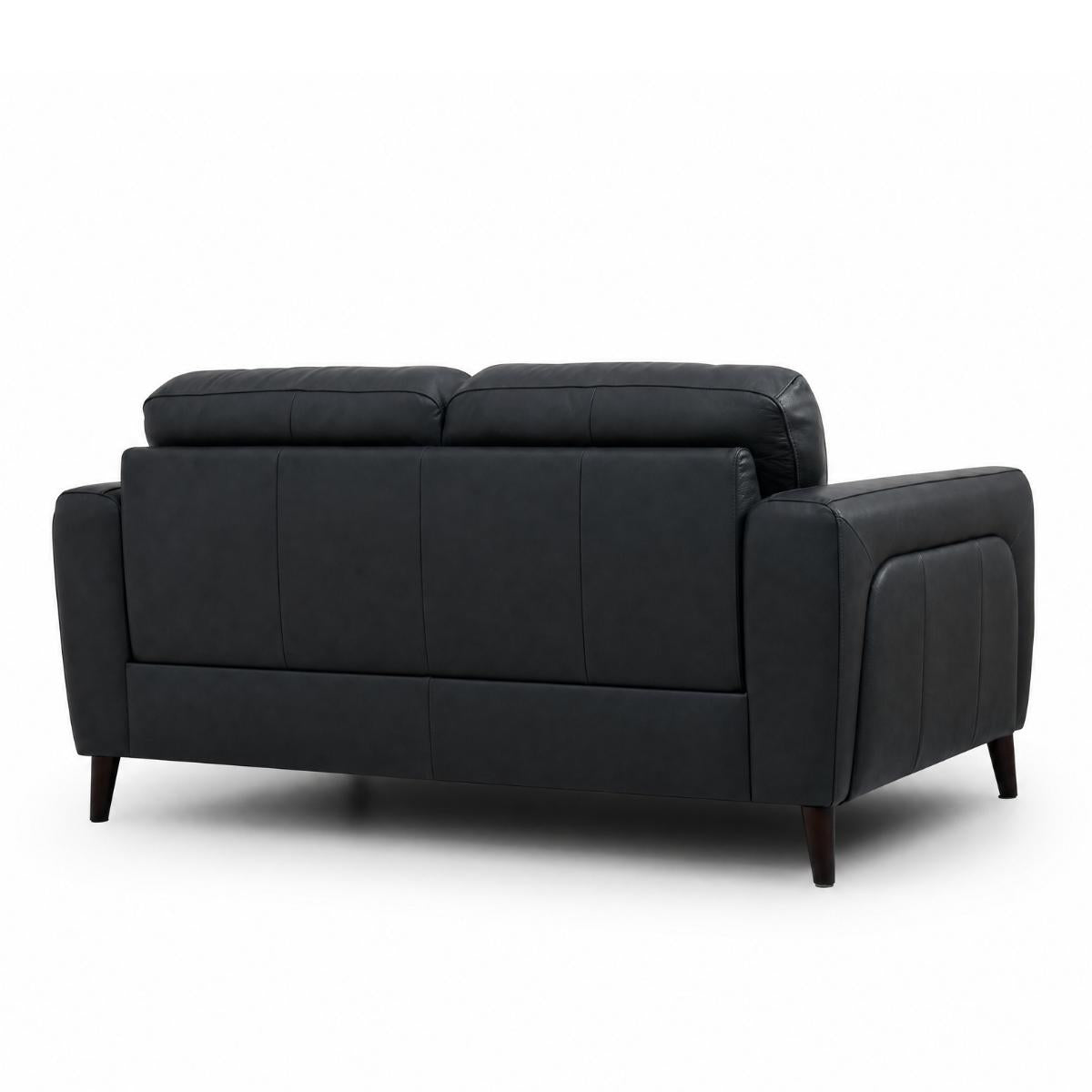 Manhattan modern 2.5 seater sofa upholstered in black leather, shown from a three-quarter rear angle on a white studio background.