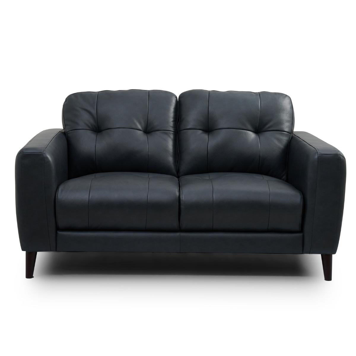 Manhattan modern two-seater loveseat sofa upholstered in black leather or faux leather, featuring tufted back cushions and square arms, supported by slim dark legs, shown against a plain white background.