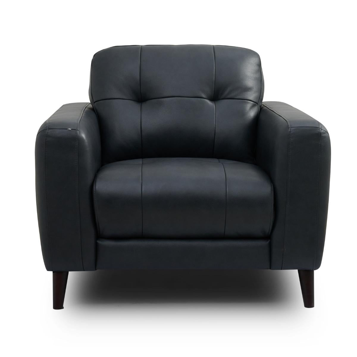 Manhattan black leather armchair with a tufted backrest and dark wooden legs, shown against a plain white background.