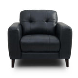 Manhattan black leather armchair with a tufted backrest and dark wooden legs, shown against a plain white background.