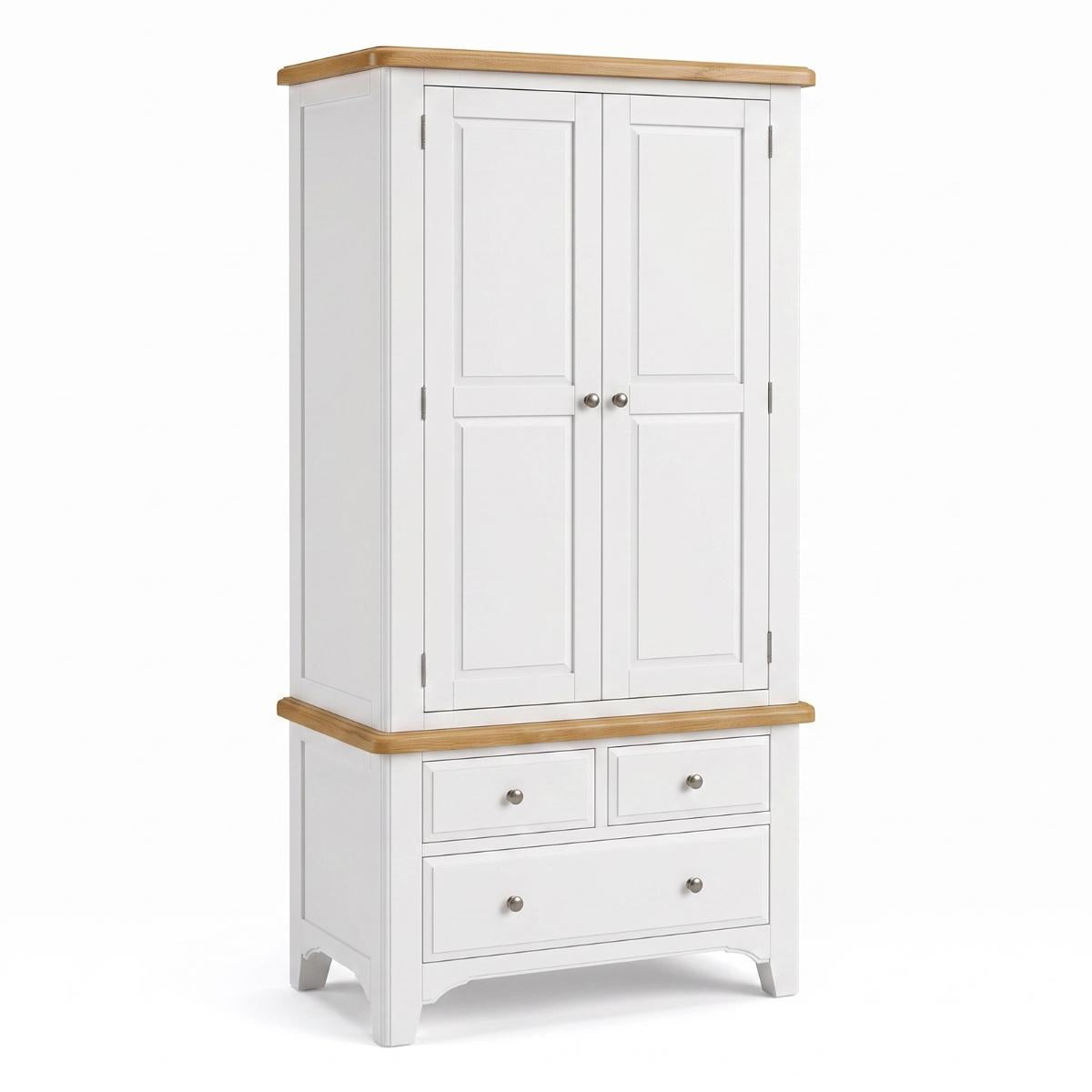 Mimosa white wooden wardrobe with 2 doors, 3 lower drawers, and natural wood trim on the top and middle sections, shown on a plain white background.