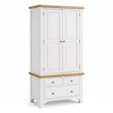 Mimosa white wooden wardrobe with 2 doors, 3 lower drawers, and natural wood trim on the top and middle sections, shown on a plain white background.