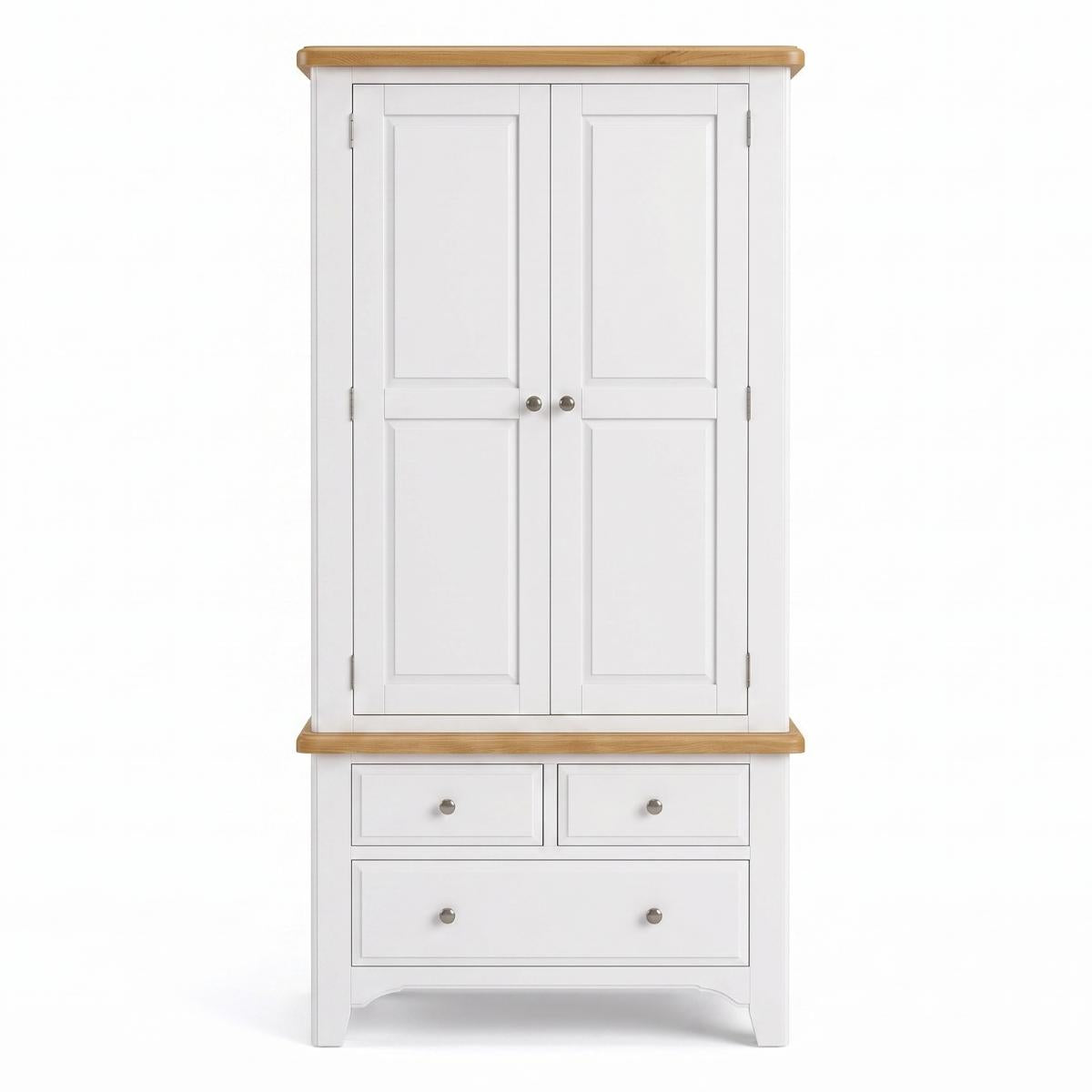 Mimosa white wooden wardrobe with two doors and three lower drawers, featuring natural oak tops and drawer pulls, shown against a plain white background.