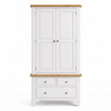 Mimosa white wooden wardrobe with two doors and three lower drawers, featuring natural oak tops and drawer pulls, shown against a plain white background.